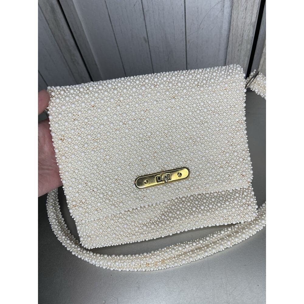 Vintage 60s 70s Corde-Bead White Cream Ivory Beaded Purse Textured Pearl Bag